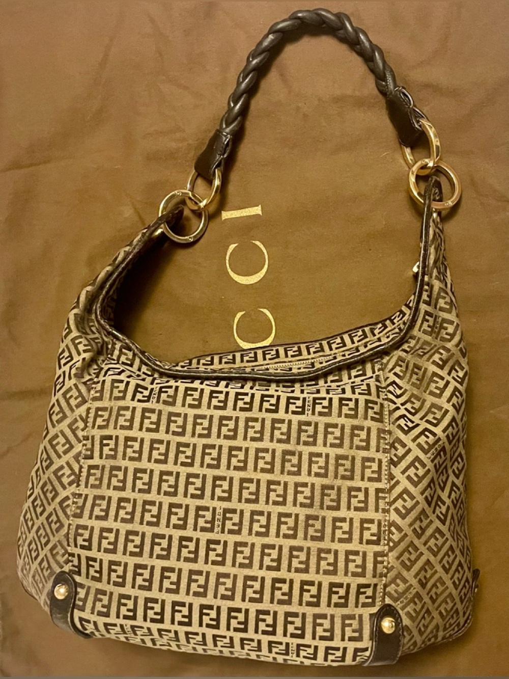 Fendi Brown Monogram Hobo with Braided leather Handle and Gold Hardware